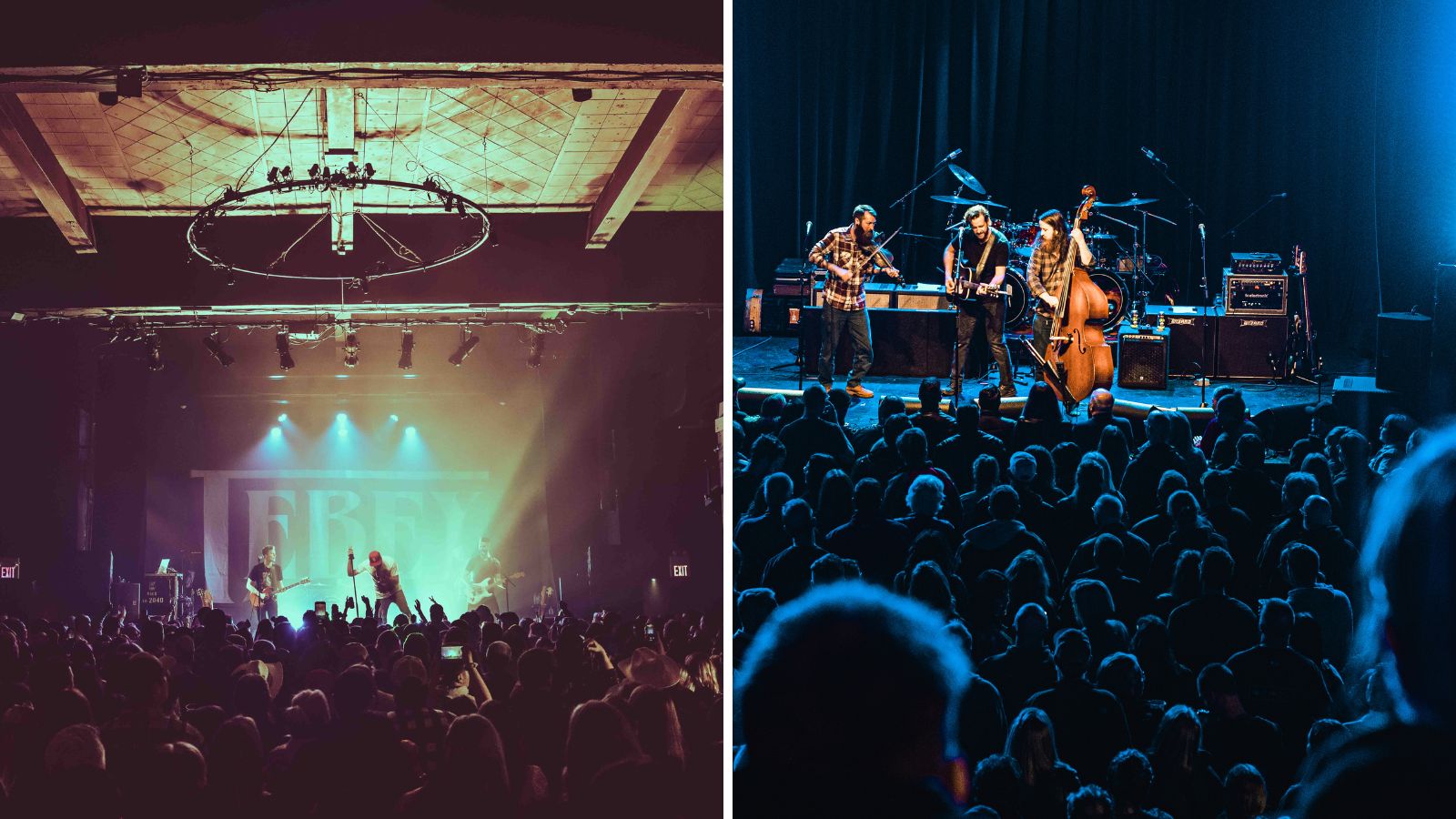 Collage of images from Biltmore Theatre including a band on stage playing for a packed crowd and a trio on stage with the back of the audience's heads in the foreground