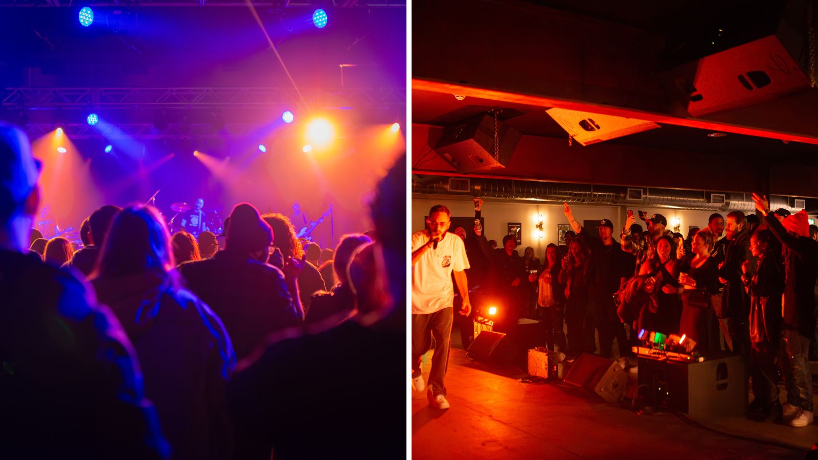 Collages of images from concerts held at Bond Street Event Centre. One shows the backs of an audience watching a show on the main stage and the second is of a performer on stage in the basement level venue