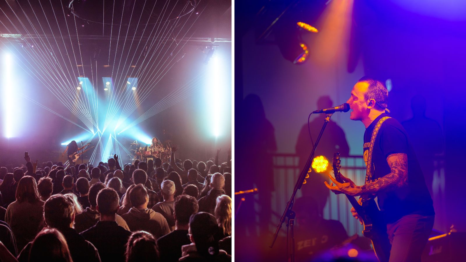 Collage of images including a sold out crowd at a concert at Biltmore Theatre and another of a musician on stage at Bond Street Event Centre