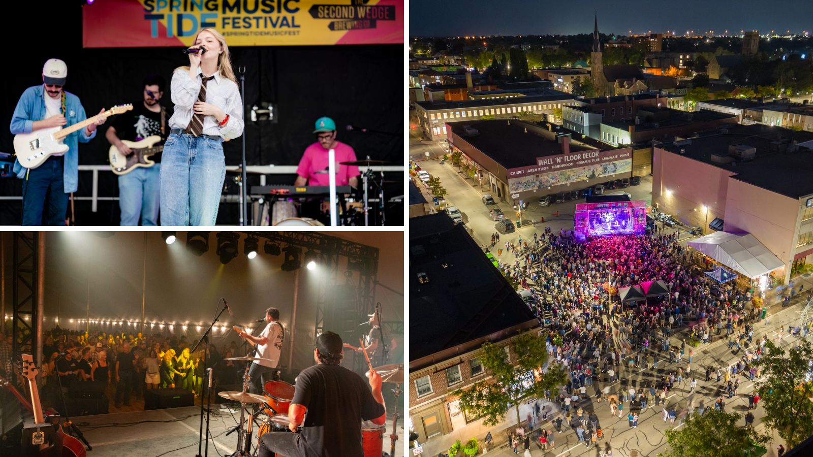 Collage of images including an image of a performer on stage at Springtide festival, a band playing to a dancing audience at Winding Roads festival, and an aerial shot of the headline playing at Convergence Music and Art Festival