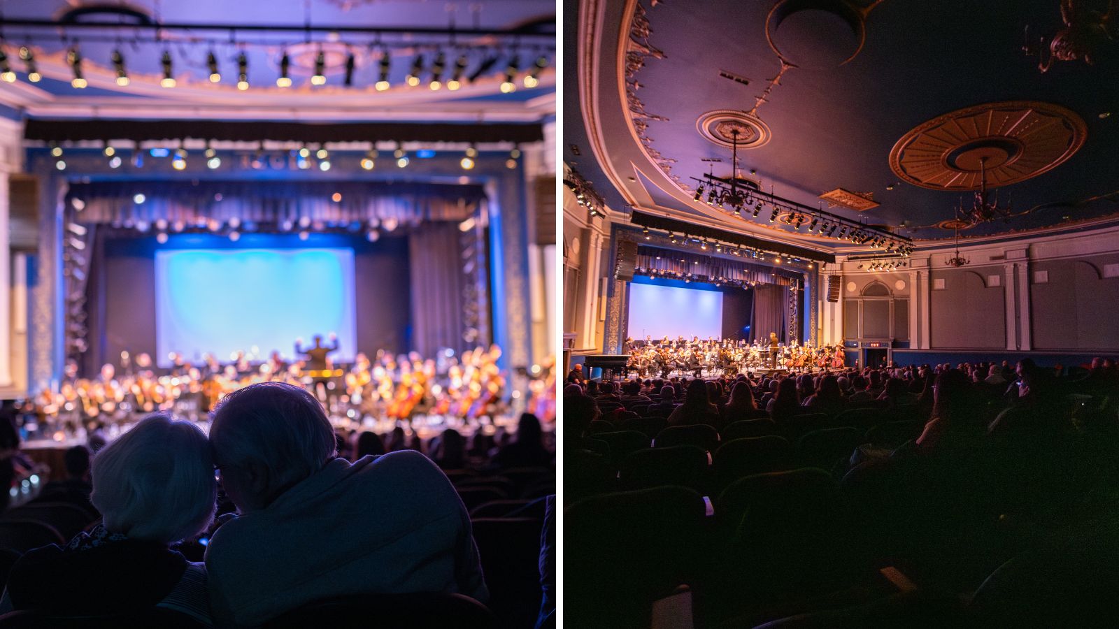 Collage of images including a couple with their heads together watching an orchestra play and an image of the interior of Regent Theatre