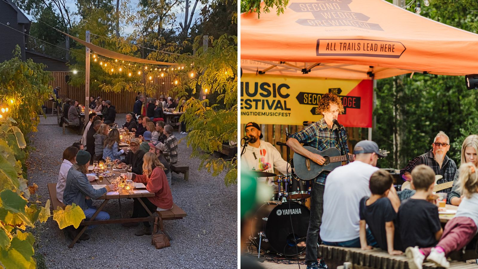 Collage of images from The Second Wedge Brewing Co. The first show the beer garden at dusk with lights in the trees and the second image is of a musician laying to an audience during a music festival.