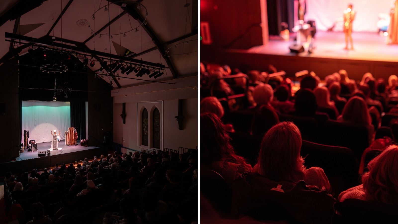 Collage of images from St. Francis Centre for Community, Arts, and Culture. One image shows the interior of the theatre and the second image shows the crowd from the behind.