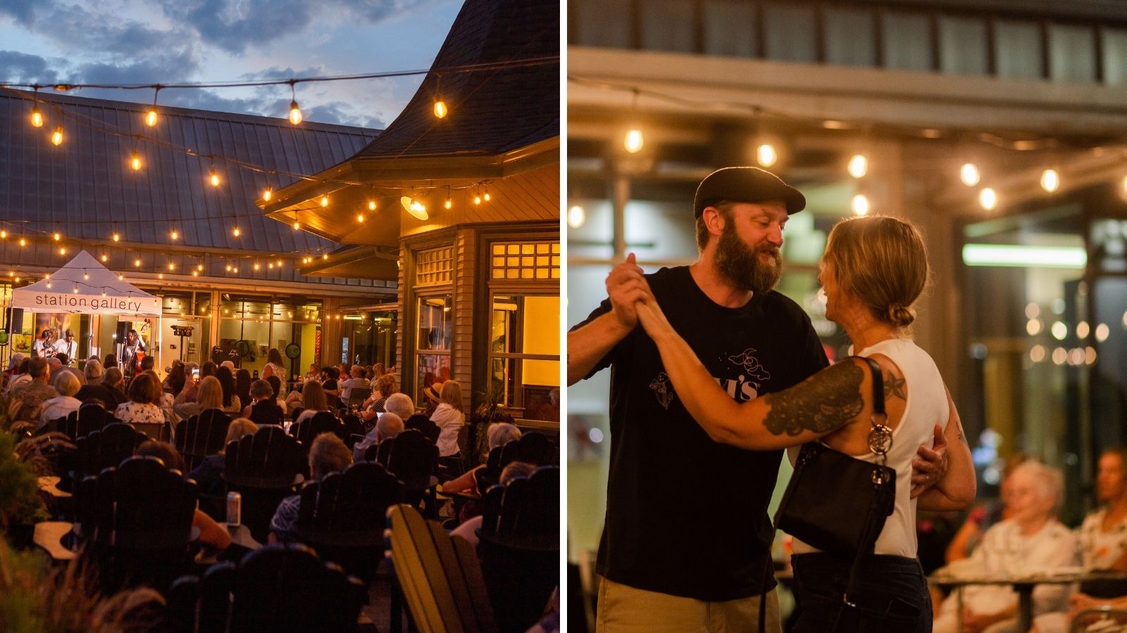 Collage of images including one of the back patio of Station Gallery full of people watching live music and the second of a couple dancing to live music.