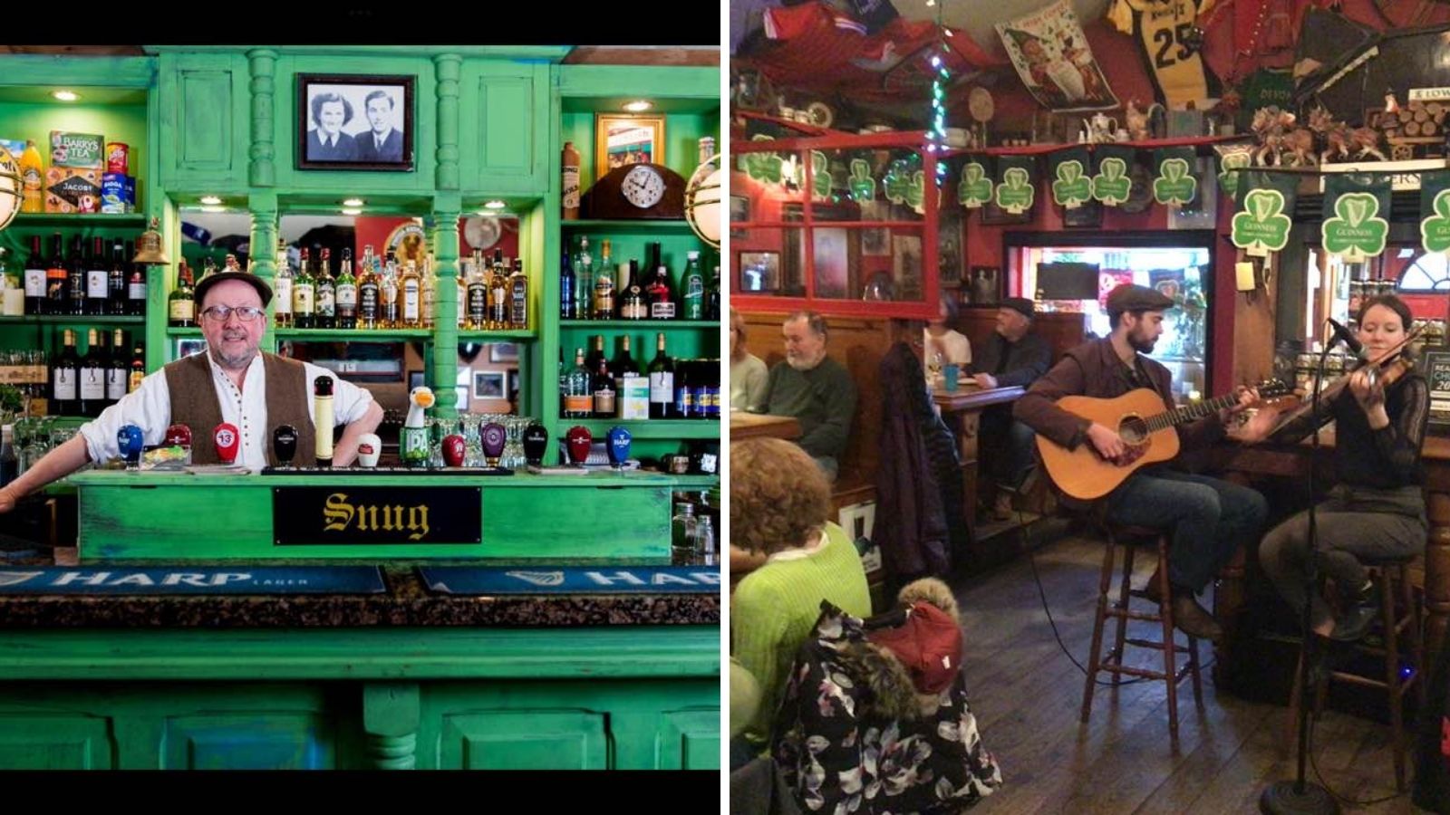 Collage of images from Walsh's Snug Pub. One image of the owner, smiling behind the bar and another of two musicians playing for a busy dining room.