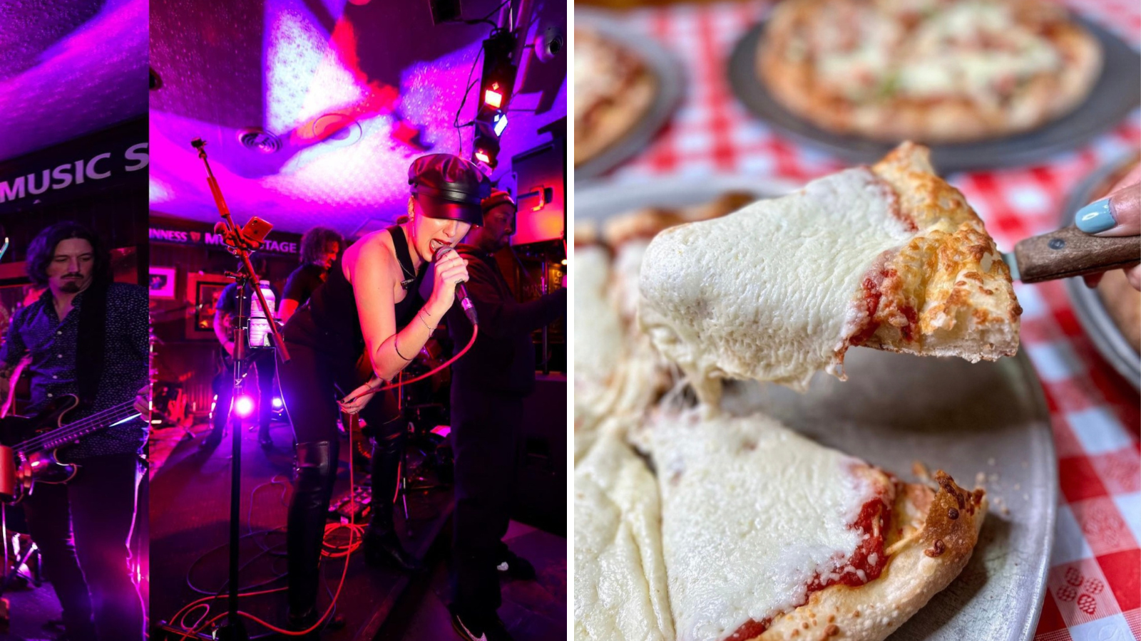 Collage of woman singing at Tap & Tankard in Whitby and a slice of pizza from Pizza Pino in Ajax