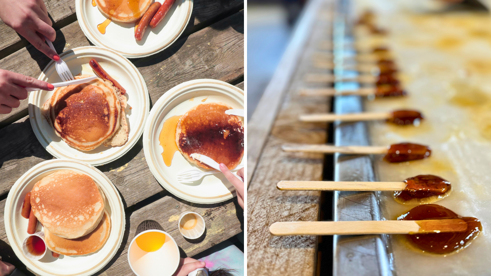Collage of people eating pancakes and fresh maple taffy on ice in Durham Region, Ontario