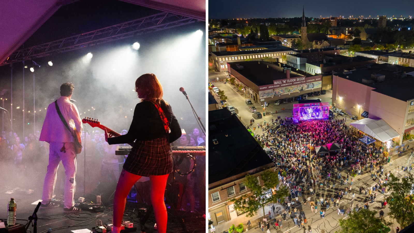 Photo of two band members playing on stage beside a second photo of a crowd watching a concert