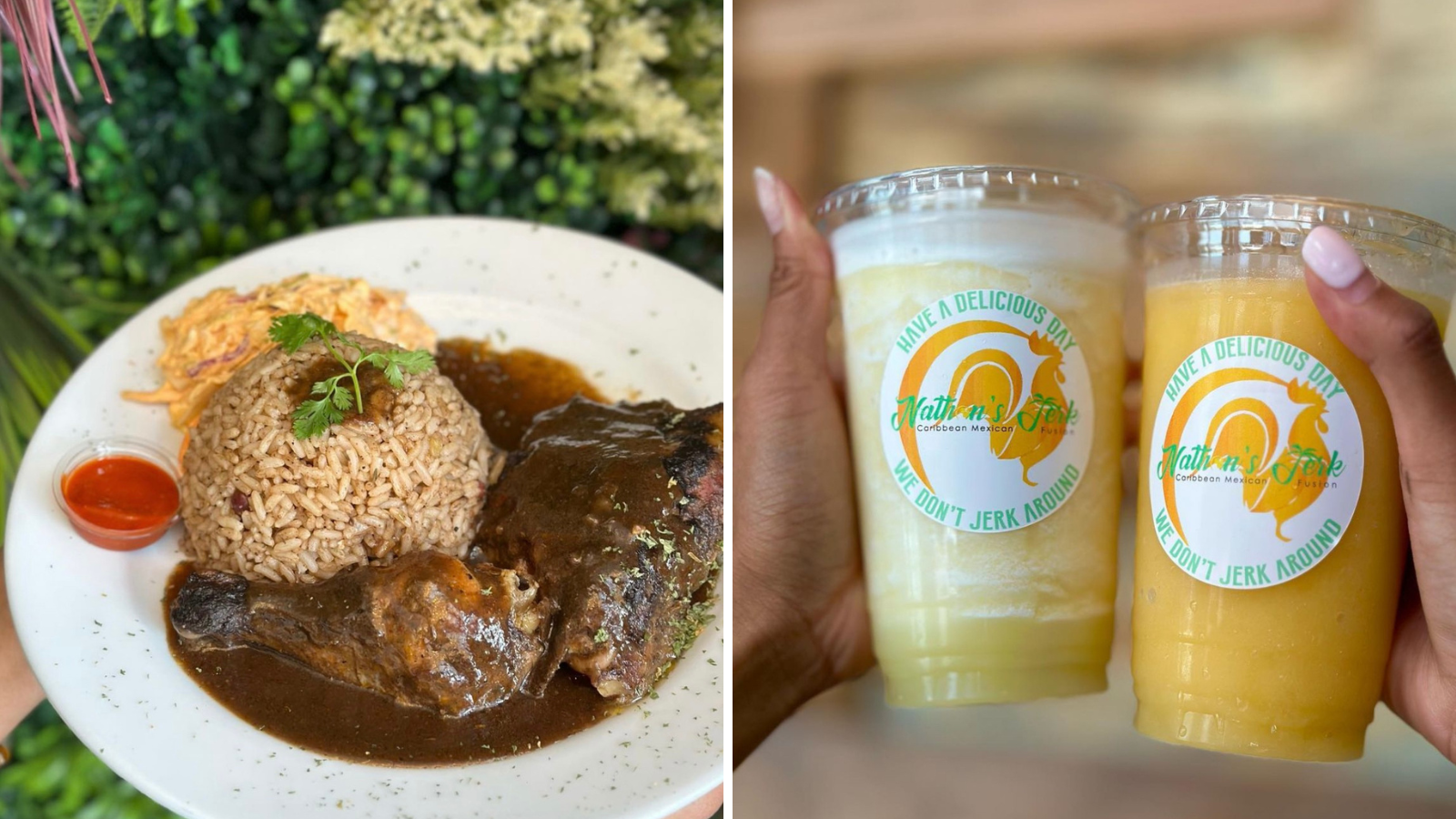 Collage of food and drink from Nathan's Jerk in Oshawa, Ontario