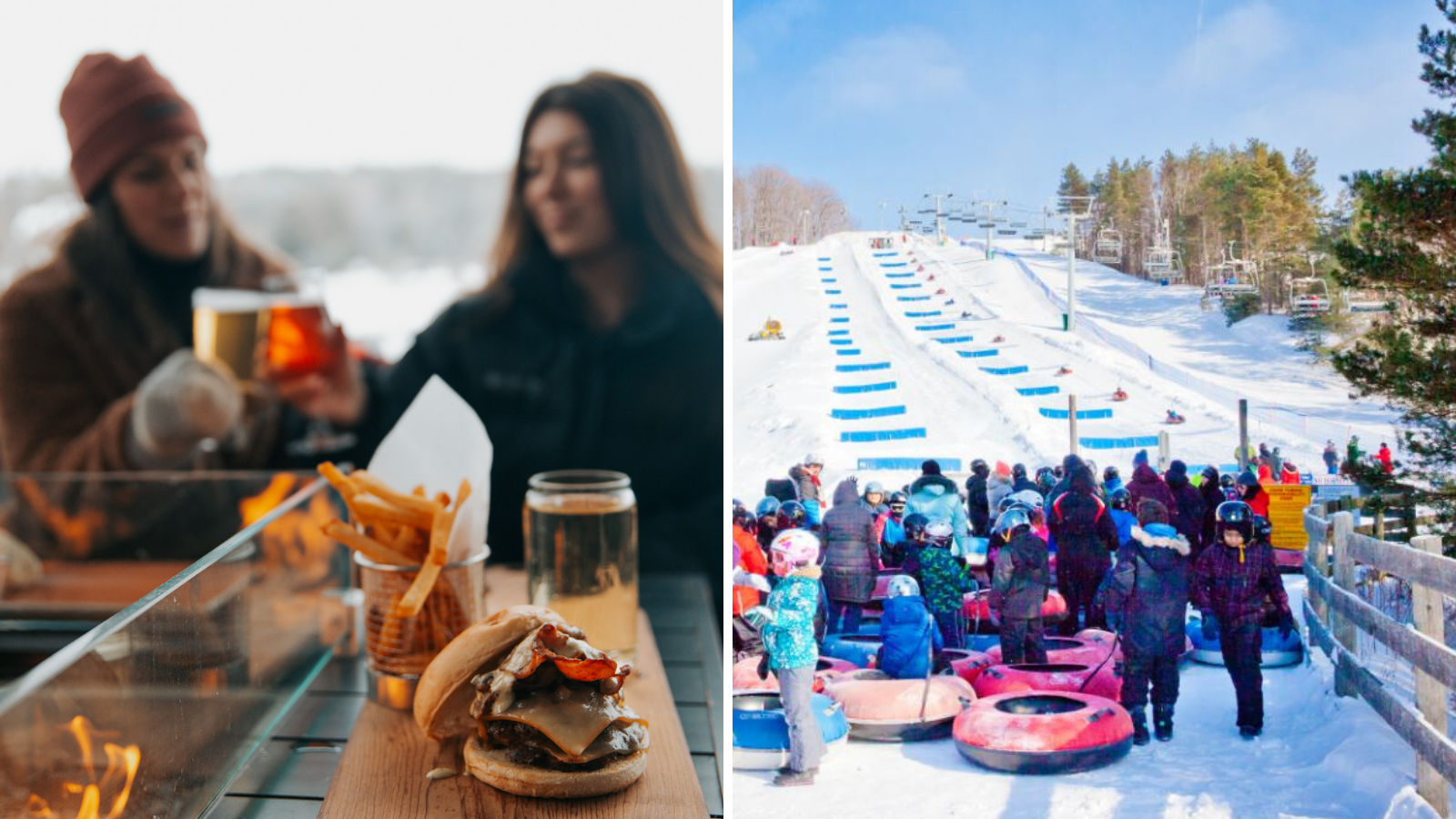 Collage of images including a two women holding cider by an outdoor firepit and an image of people at a snow tubing hill