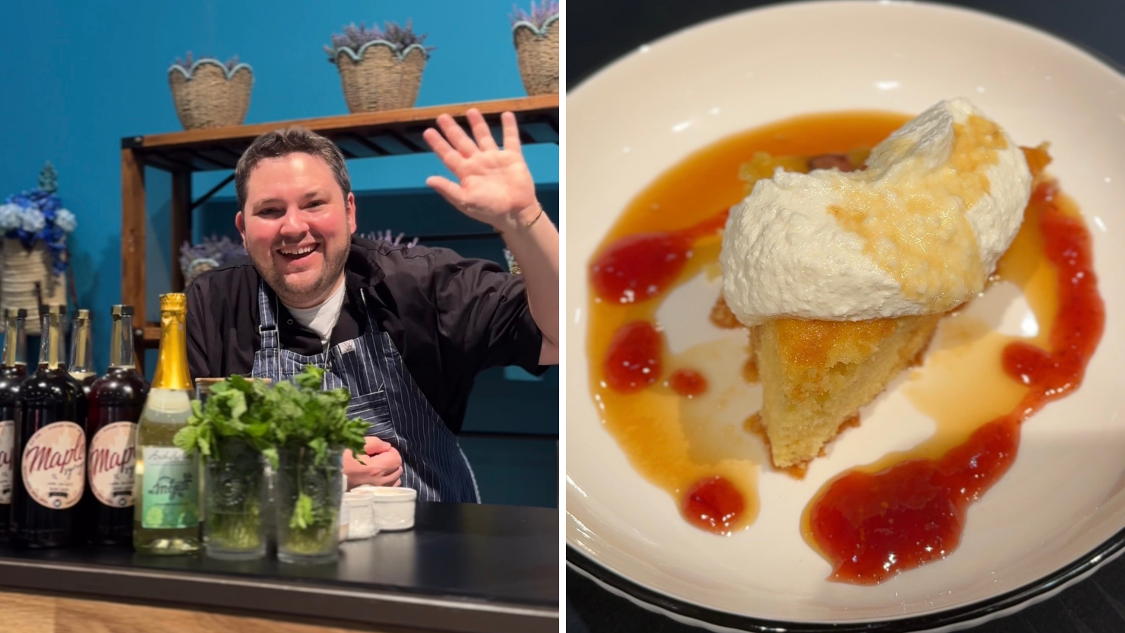 Collage of Chef Alex Page at the One of a Kind Show in Toronto and a Maple Rhubarb Pound Cake