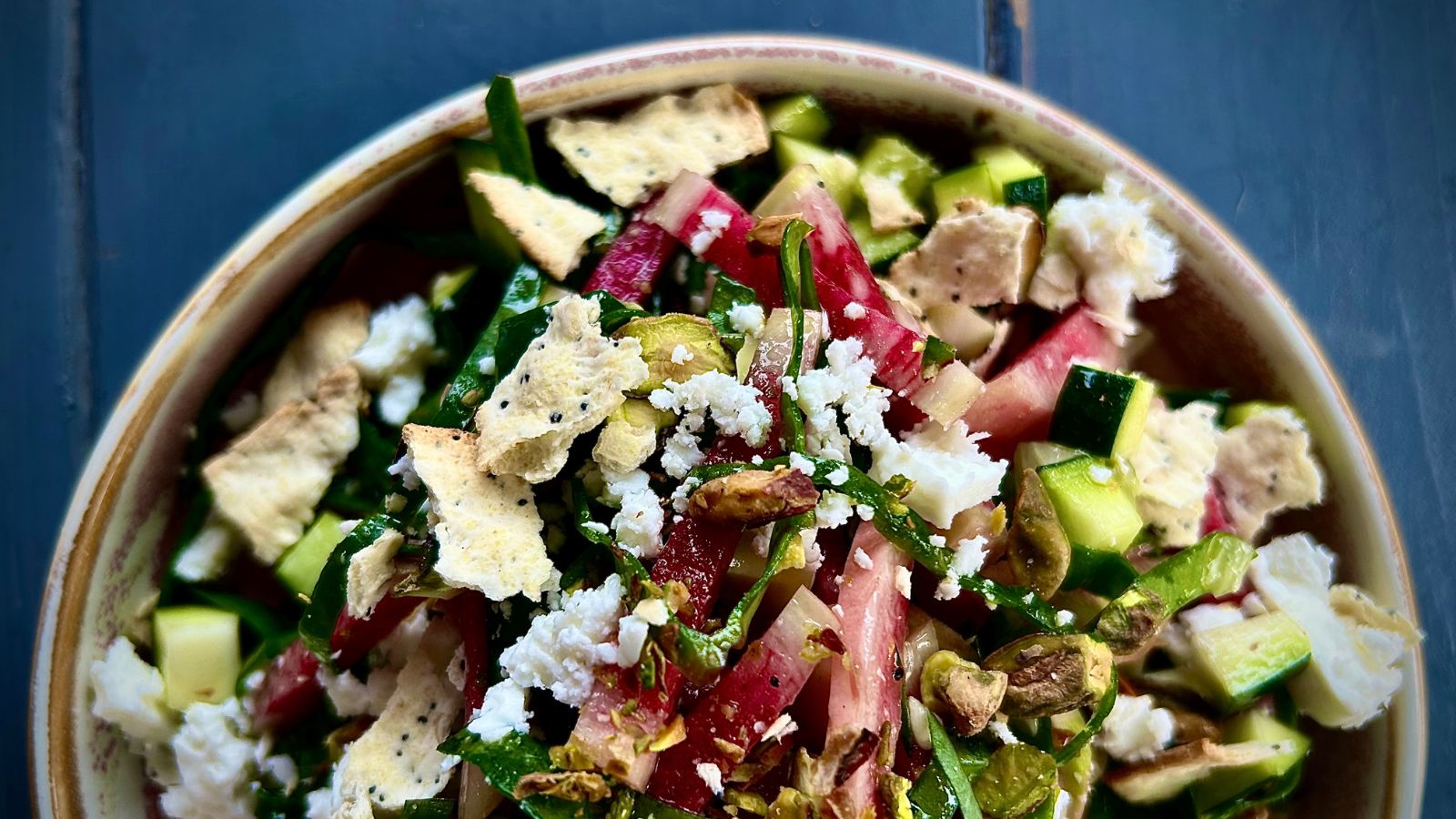 Summer fattoush with pistachio mint dressing using local ingredients by Chef Alex Page