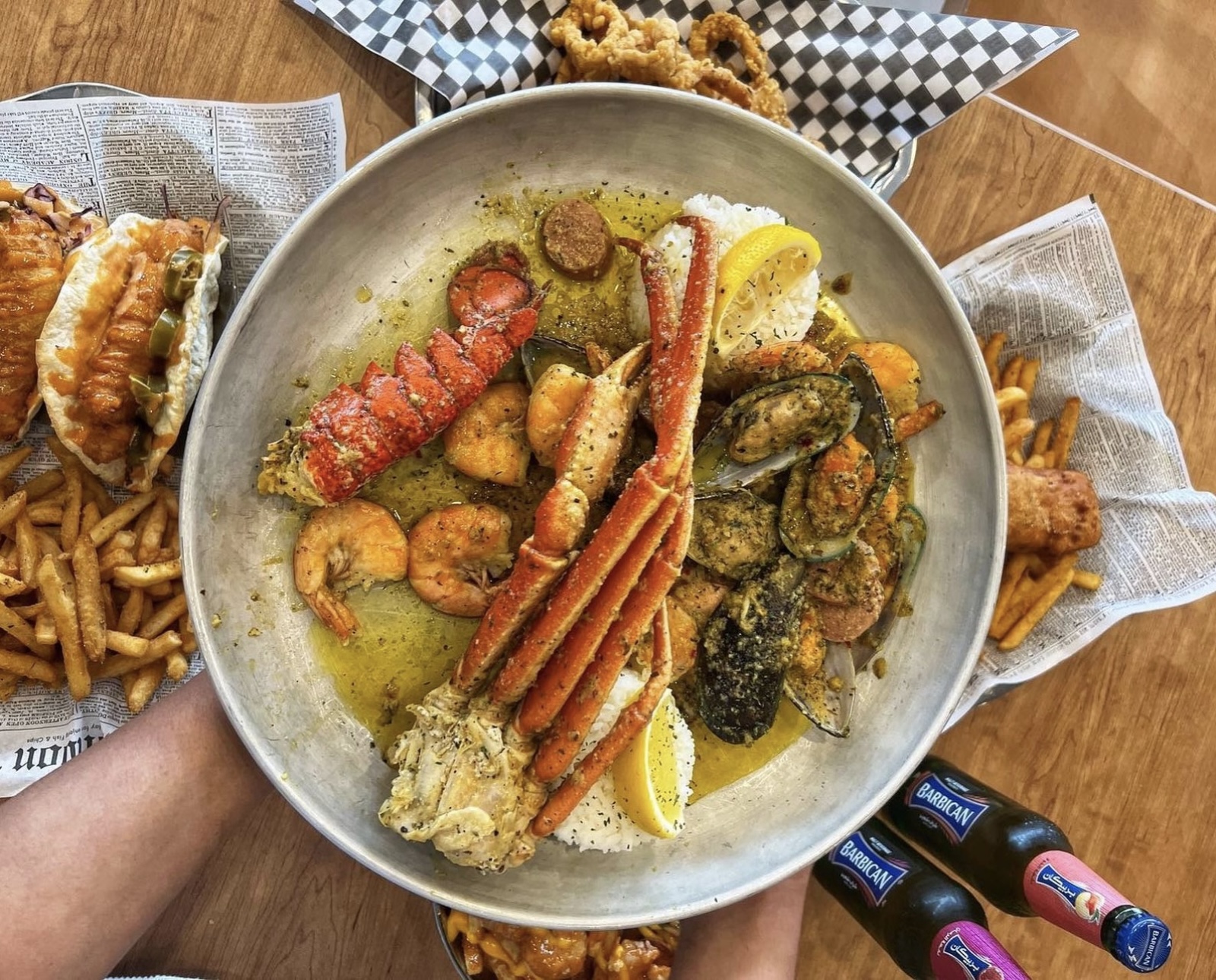 Aerial view of a seafood boil at Sea Salt Sea Food Cafe in Ajax, Ontario
