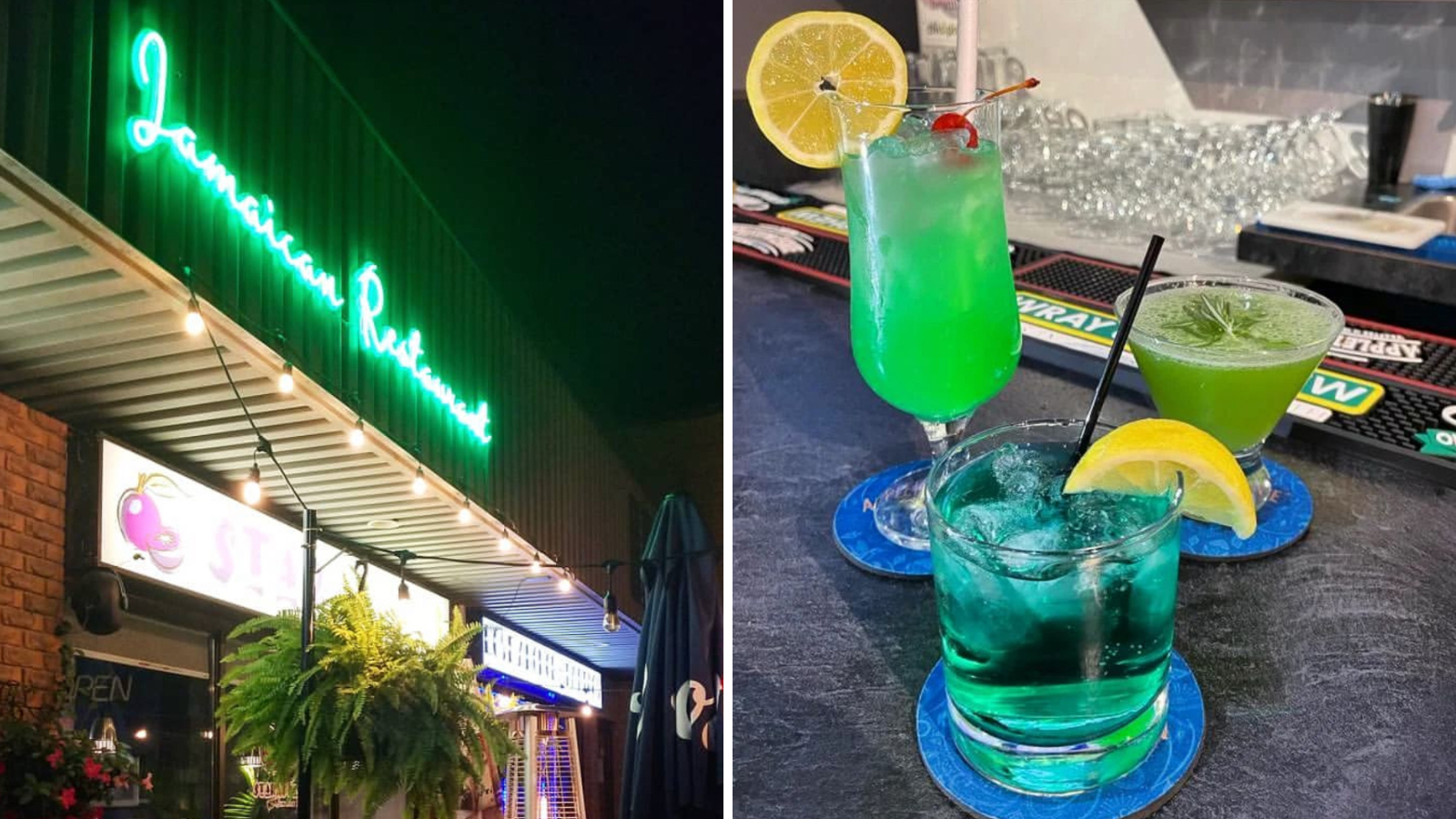 Collage of a neon sign and a drink at Starapples Restaurant in Bowmanville, Ontario