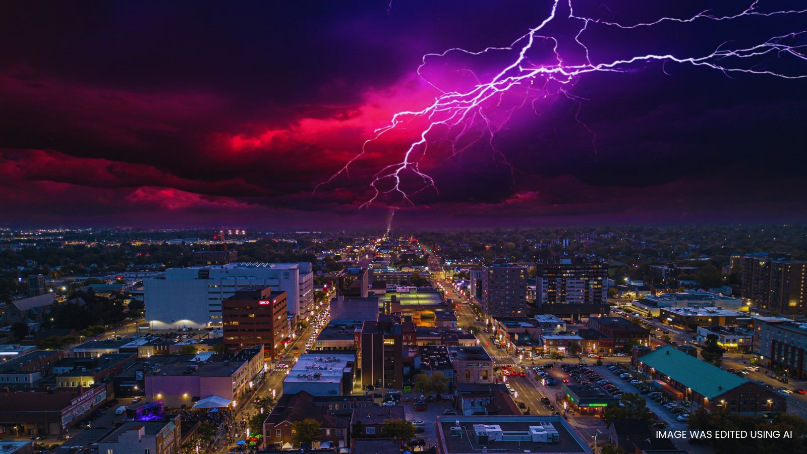 AI generated sky on an aerial image of downtown Oshawa in Durham Region, Ontario, Canada