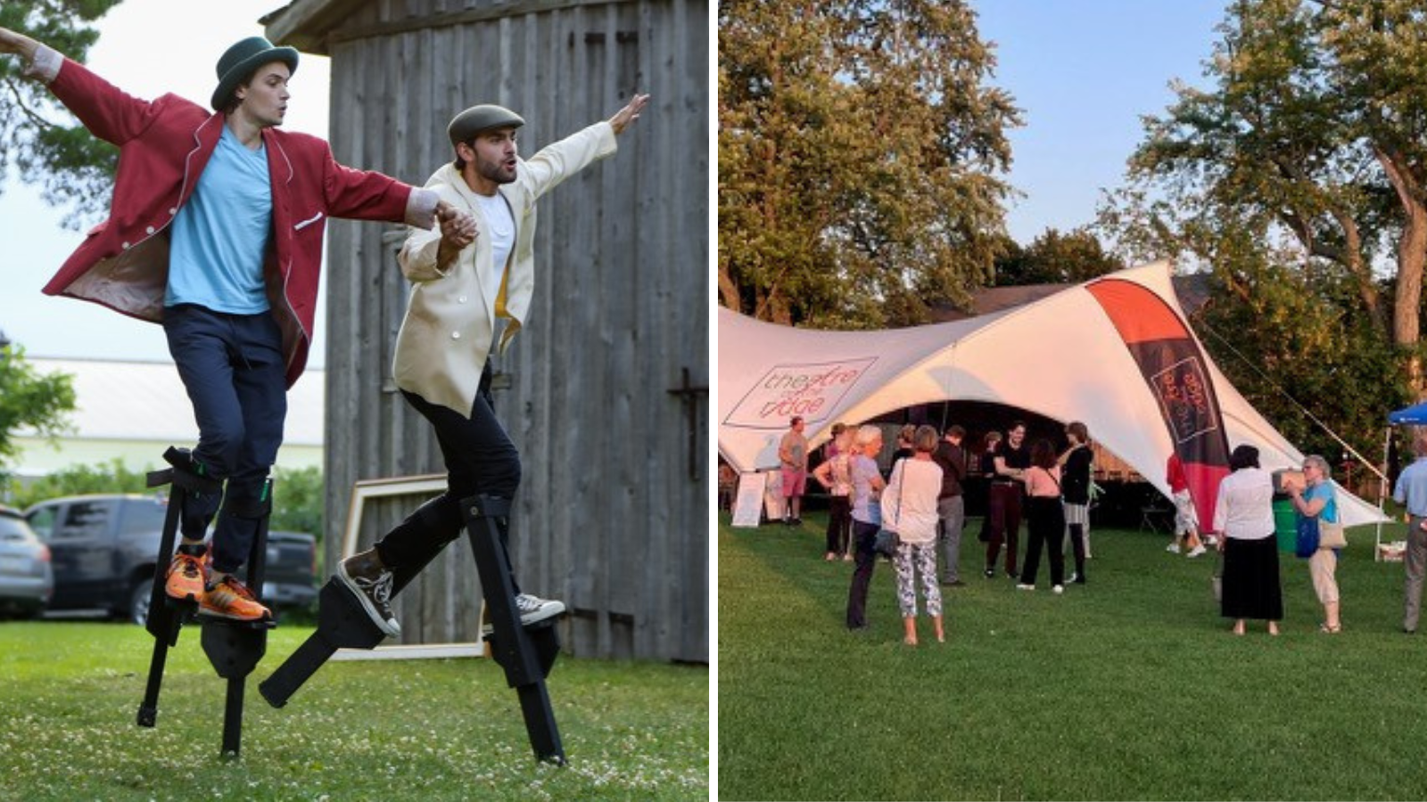 Two actors performing on stilts