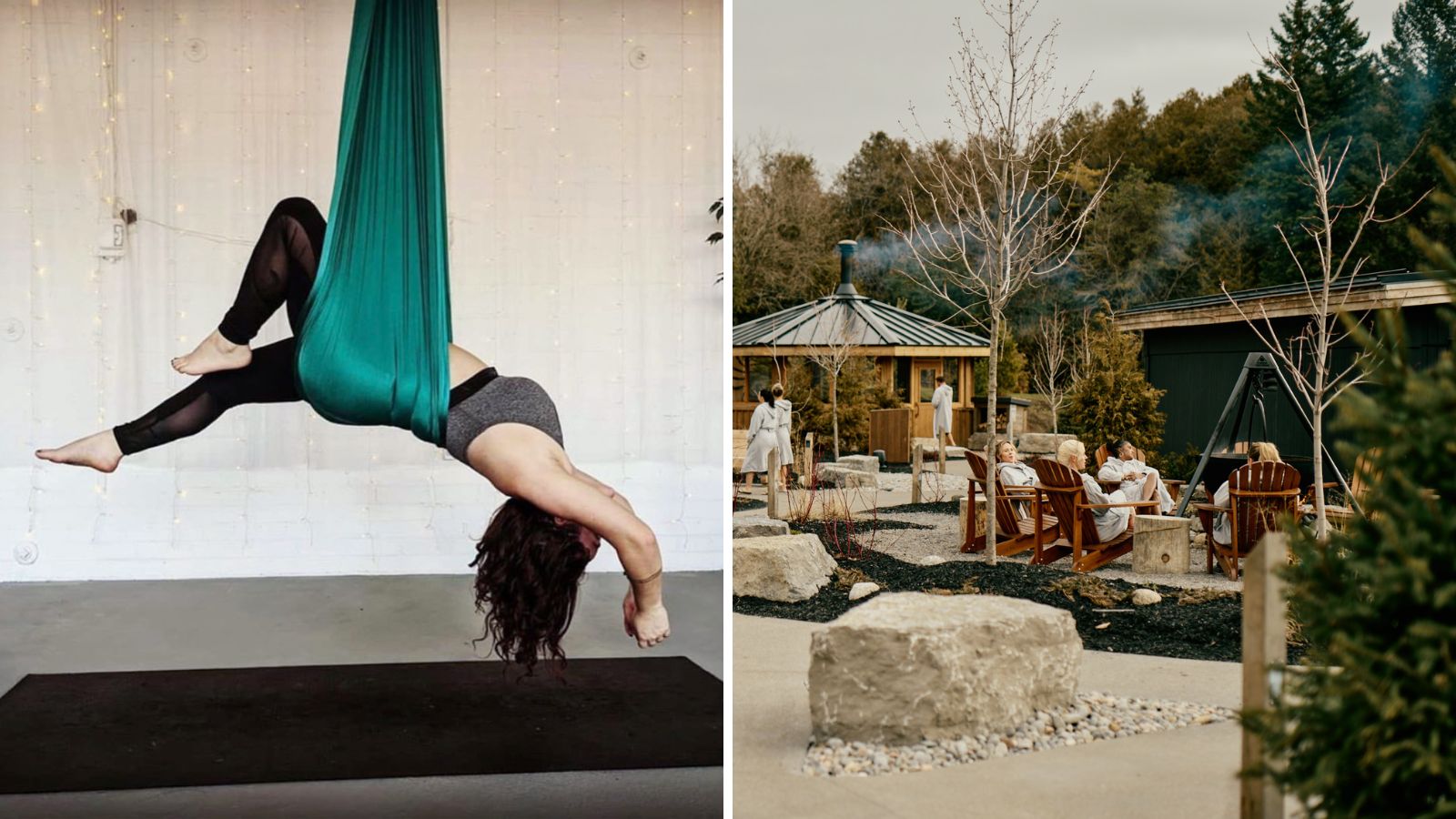 Collage of images including a person doing aerial yoga and people in bathrobes enjoying themselves at a spa