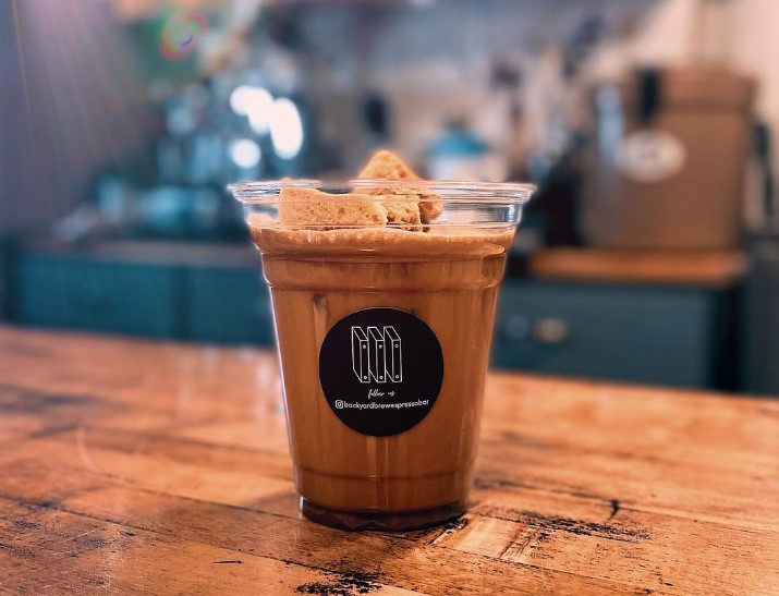 Image of an iced coffee with sponge toffee