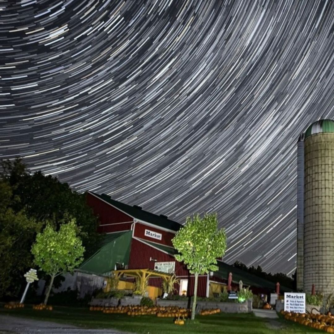 Star-filled sky over the barn at Forsythe Family Farms in Uxbridge, Ontario, Canada
