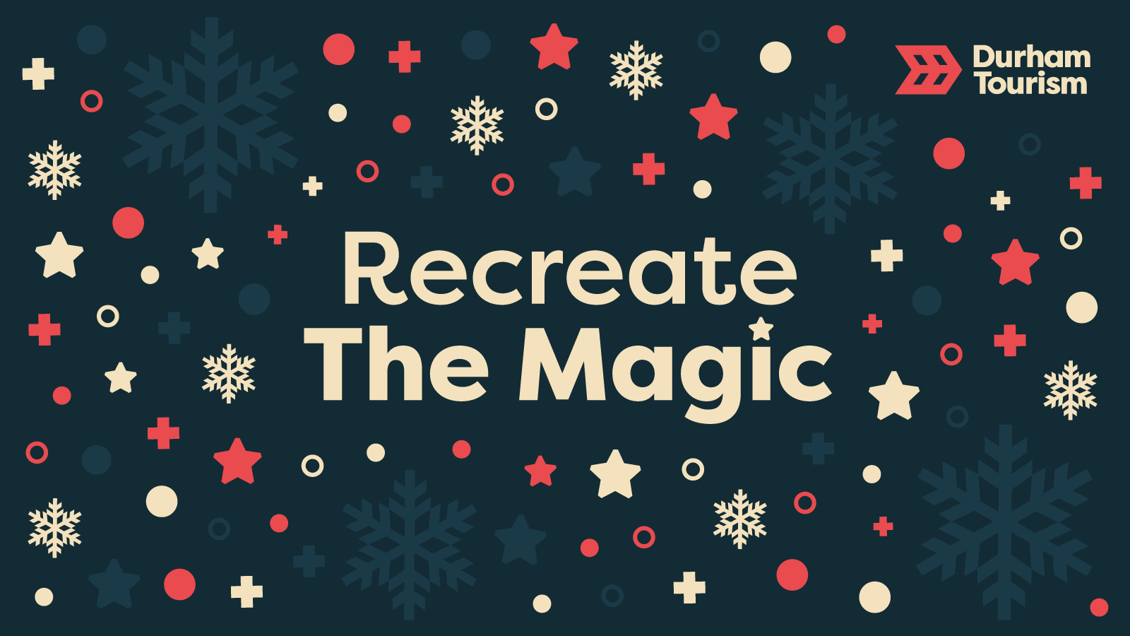 Graphic with stars and snowflake icons with text that reads, "Recreate the Magic".