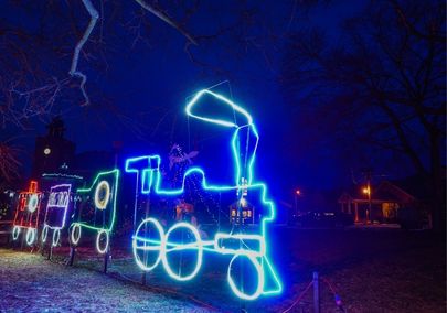 Light display of a train in downtown Beaverton, Ontario