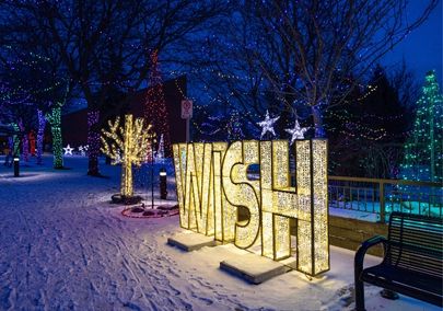 Light display that reads "WISH" at Civic Park in downtown Whitby, Ontario