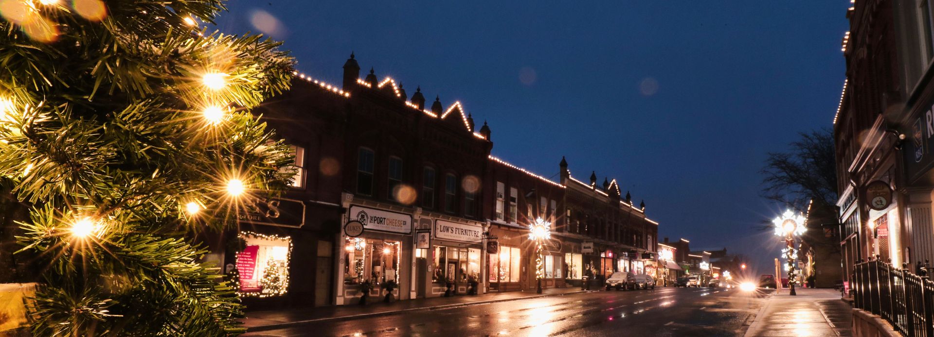 Historic downtown Port Perry decorated for the holidays in Scugog, Ontario