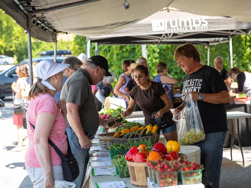 People shopping at a farmers' market stand.