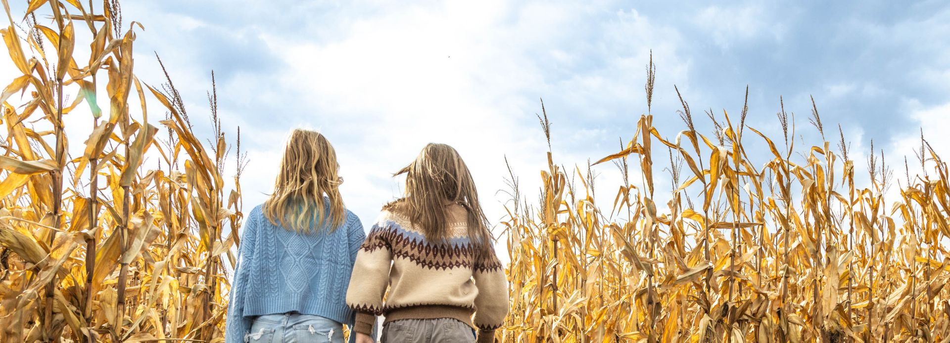 Two girls walking through a corn maze at Buzzing Bees Adventure Farm in Sunderland, Ontario, Canada.