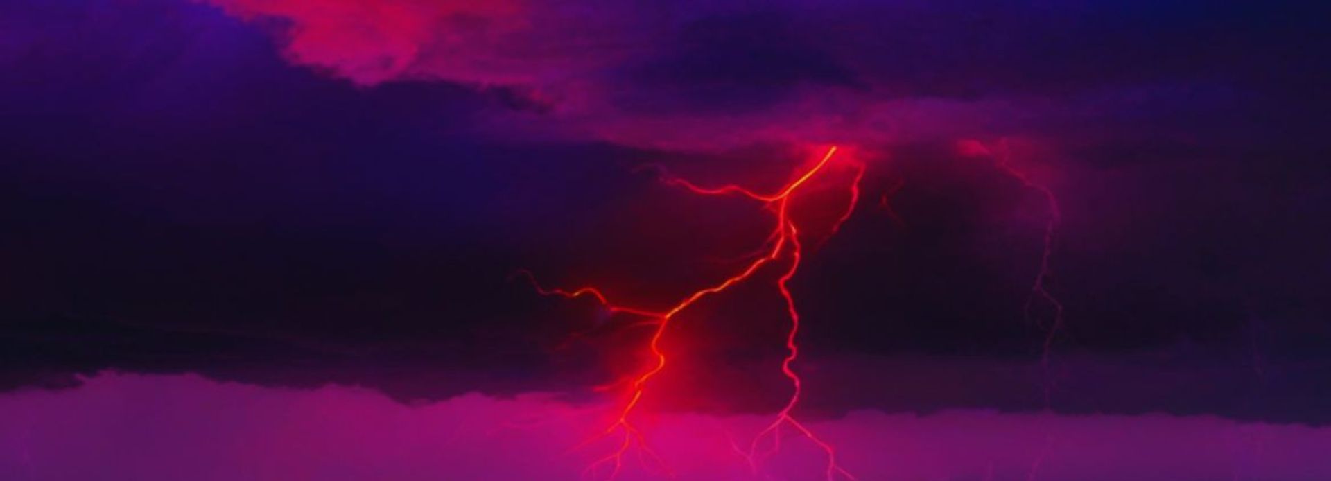 AI generated sky with purple, blue and red clouds, and lightning bolts
