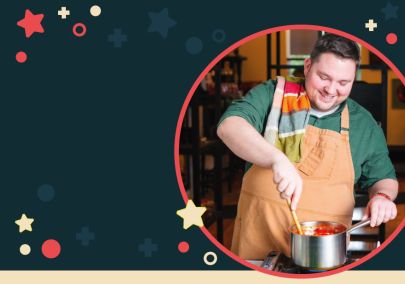 Graphic with stars and circles, and an image of Chef Alex Page cooking in Durham Region, Ontario, Canada