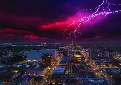 AI generated sky on an aerial image of downtown Oshawa in Durham Region, Ontario, Canada