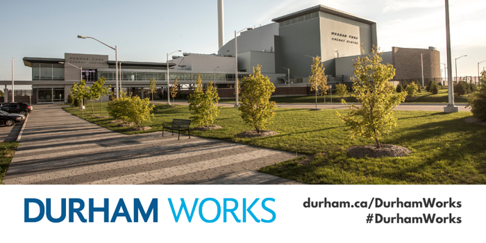 The Durham York Energy Centre. Text under image states: Durham Works, durham.ca/DurhamWorks, #DurhamWorks.