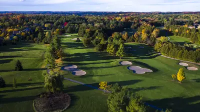 Drone shot of a golf course.