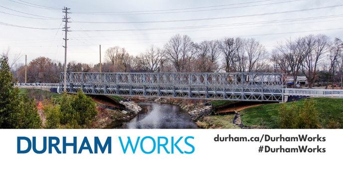 New temporary Beaver River Bridge in Beaverton. Text at bottom states: Durham Works, durham.ca/DurhamWorks #DurhamWorks.