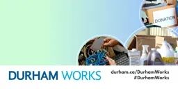 Donation bin with clothes, household hazardous waste materials, cords, phones and various electronics; Durham Works logo, durham.ca/DurhamWorks #DurhamWorks. 