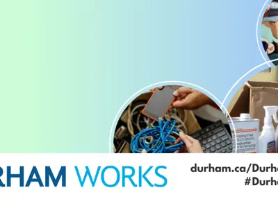 Donation bin with clothes, household hazardous waste materials, cords, phones and various electronics; Durham Works logo, durham.ca/DurhamWorks #DurhamWorks. 