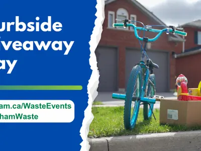 Curbside Giveaway Day, durham.ca/WasteEvents #DurhamWaste and a picture of items at the curb including a kid’s bike and a box marked “Free.”