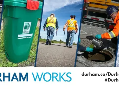 A photo of various public works staff and elements with text that reads “Durham Works durham.ca/DurhamWorks #DurhamWorks”.