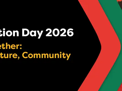 Diverse profiles in black, yellow, brown and red, featuring African-themed patterns. Text reads “Emancipation Day. Forward together: Freedom, culture, community.”