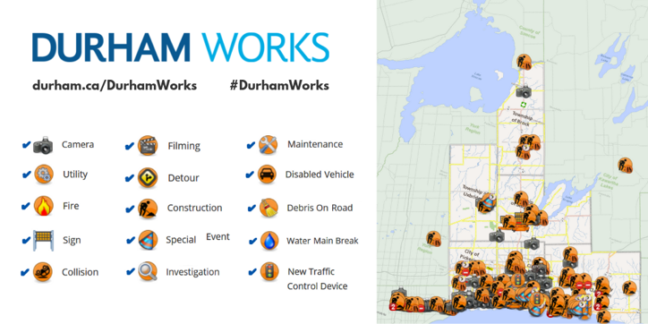 Traffic watch map icons next to a screenshot of the map. Text at top of image states: “Durham Works, durham.ca/DurhamWorks #DurhamWorks.”