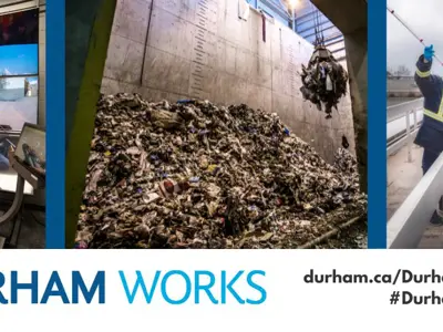 A photo of various public works staff and elements with text that reads “Durham Works durham.ca/DurhamWorks #DurhamWorks”.
