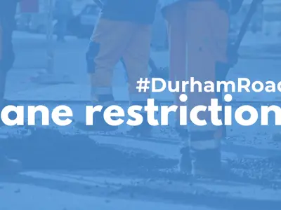 A photo of construction workers on a road with a light blue filter over it and white text reading #DurhamRoads Lane restrictions.