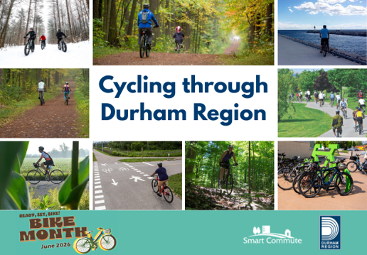 Various images of people riding bikes across the four seasons.