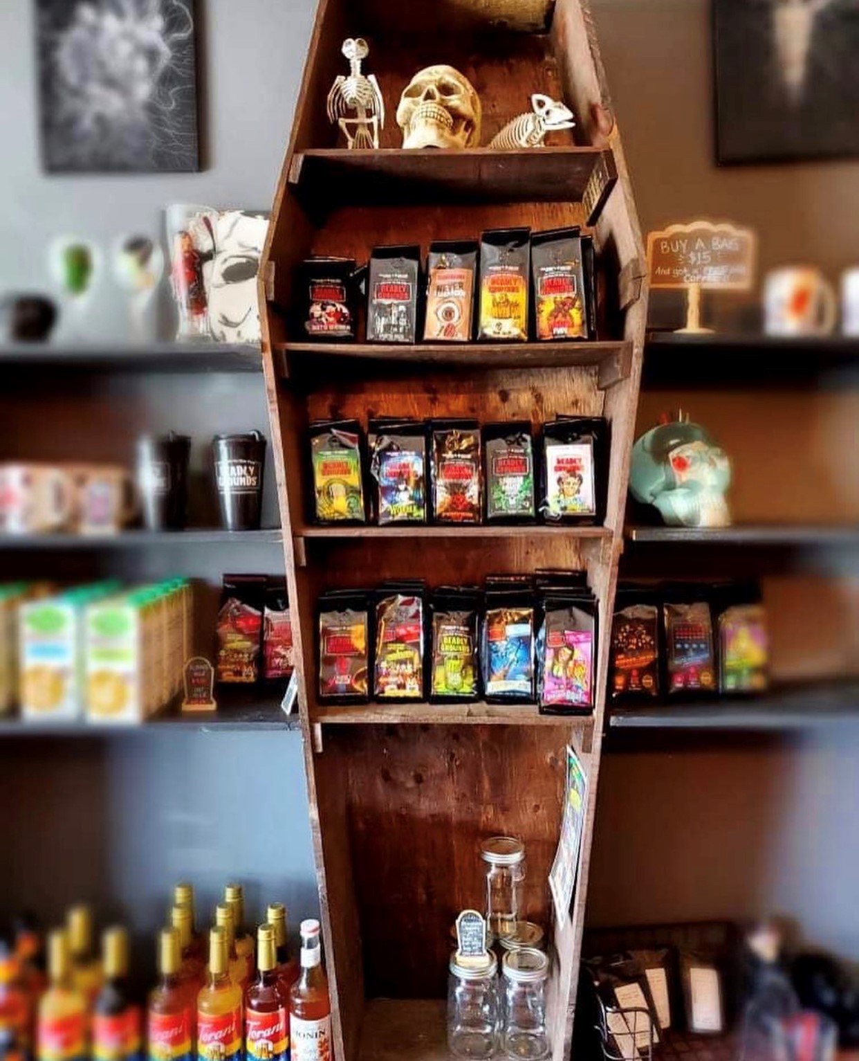 Deadly Grounds coffee Deadly Grounds coffee in a coffin