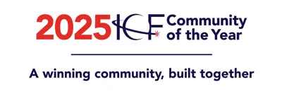 2025 ICF Community of the Year logo with blue text underneath that reads "A winning community, built together".