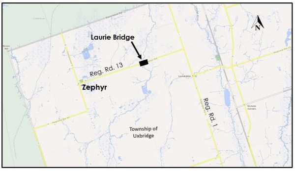 A map showing Laurie Bridge on Regional Road 13 in the Township of Uxbridge near Zephyr
