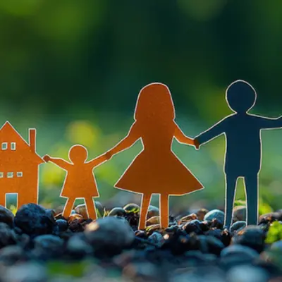 An image of cutouts of a house, child, and two adults, all holding hands.