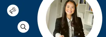 A person in professional attire smiles and extends a hand in greeting in an office setting, with bookshelves in the background. Two white icons, a megaphone and a magnifying glass, appear on the left against a blue background.