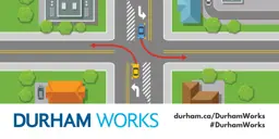 An animated image of two cars at an intersection showing them turning left with the POLT lanes. Text states: Durham Works, durham.ca/DurhamWorks, #DurhamWorks.